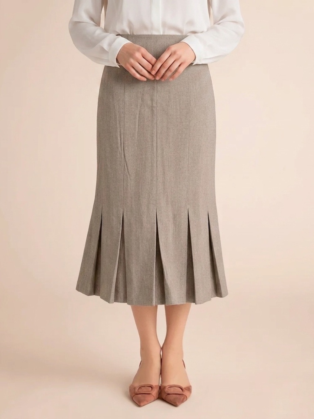 Vintage Les Copains Wool Cashmere Pleated Midi Skirt Taupe IT 46 / US 10 Y2K EUC